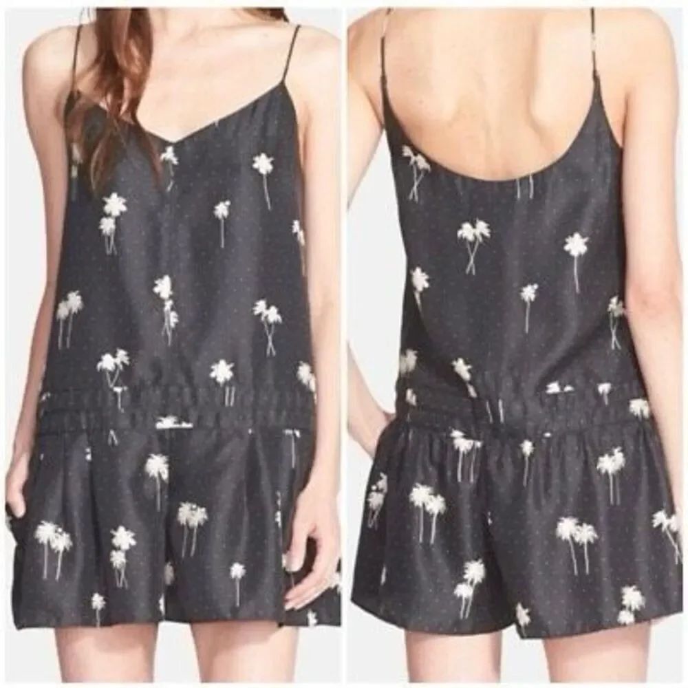 Rag and Bone 2 Dune Silk V Neck Sleeveless Black Palm Tree Romper Jumpsuit